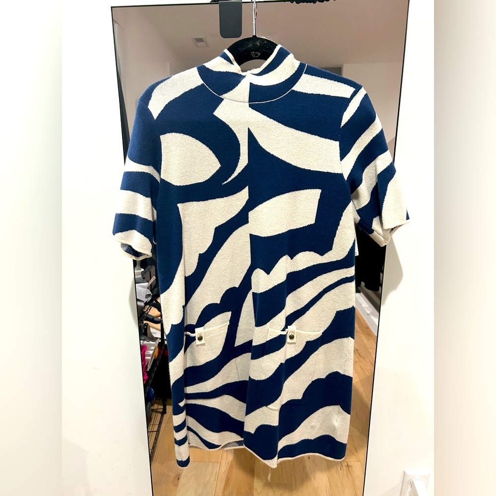 Anthropologie Navy Blue and Off-White Mini Dress with Abstract Pattern